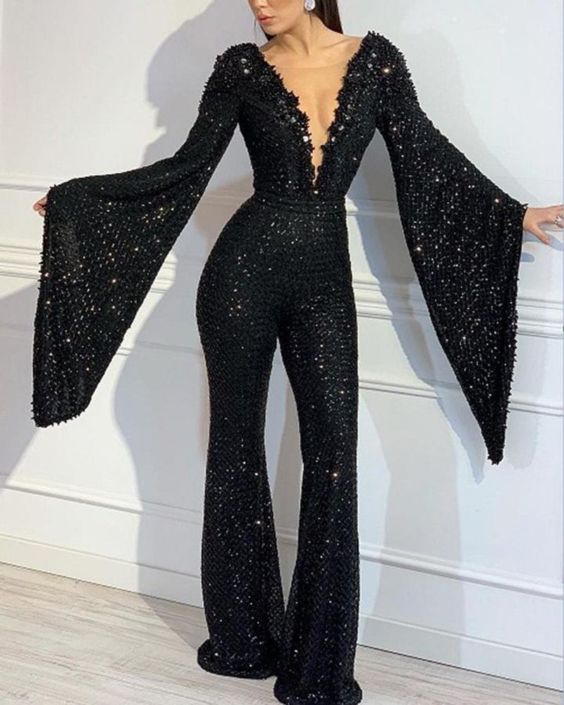 Women's clothing Sequin Sexy Bat Sleeve Top Jumpsuit Evening Dress New_voghion.com