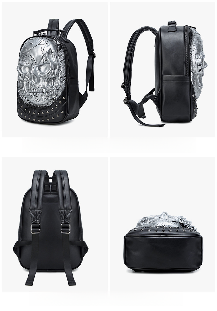 3D Stereoskopik Kişiselleştirilmiş Kafatası Başlı Sırt Çantası, Erkek ve Kadın PU Elde Taşınabilir Sokak Sırt Çantası_voghion.com