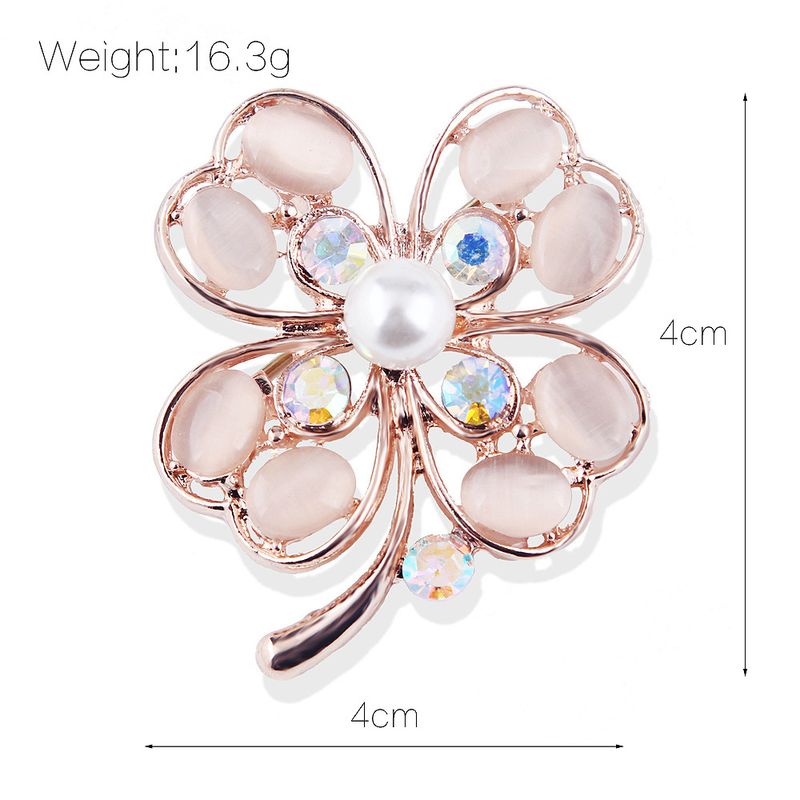 Korean fashion color retaining rose gold cat's eye four leaf clover rhinestone pearl brooch pin female clothing accessories_voghion.com