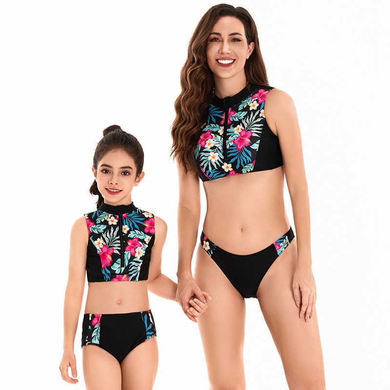Ropa familiar Traje de baño familiar bikini de cintura alta dividido bikini con cremallera para madre e hija para niños_voghion.com