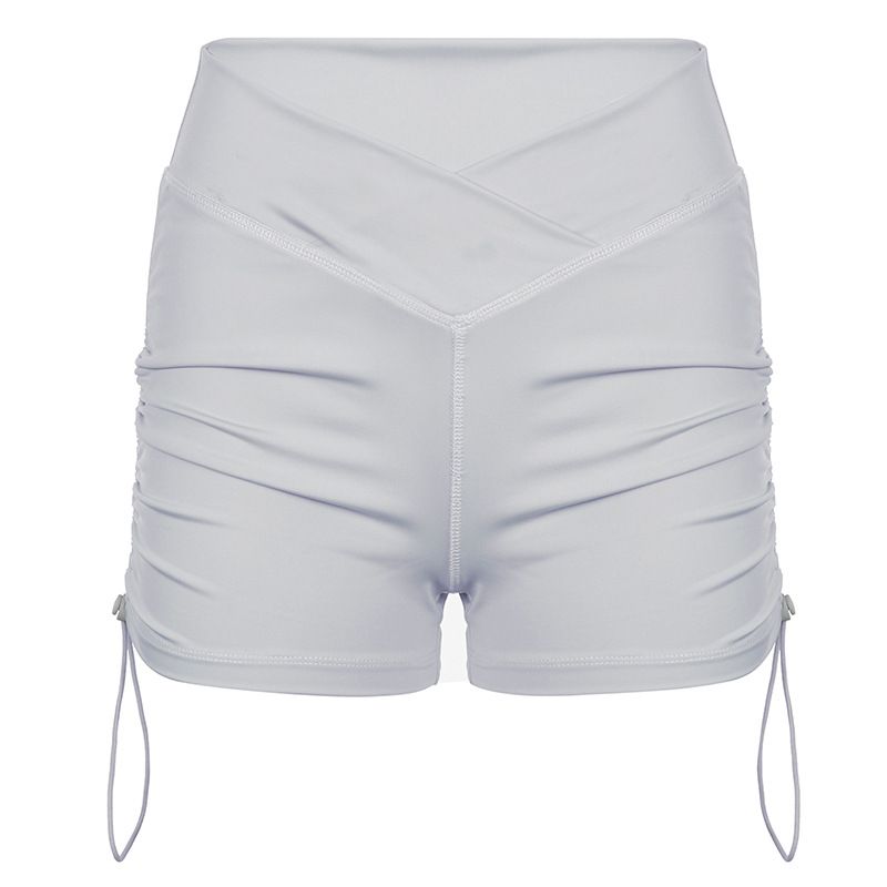 Women's fitness yoga pants fashion cross waist pleated drawstring elastic nude sports shorts _voghion.com