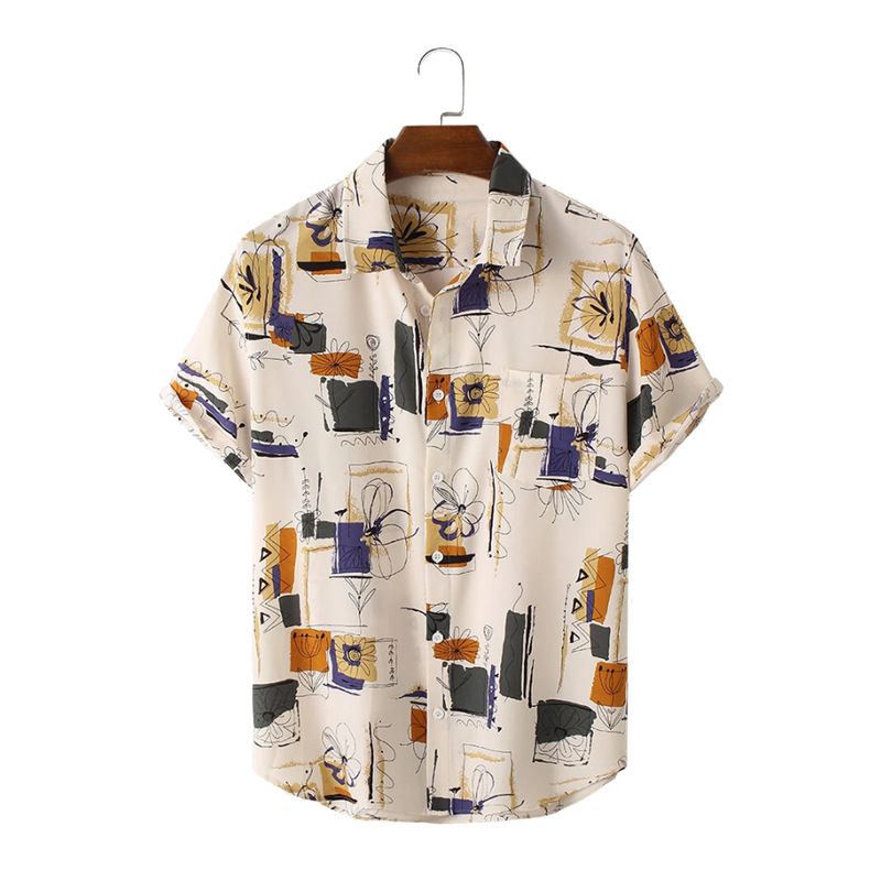 Camisa de hombre nueva moda estampada camisa de bolsillo de solapa de manga corta de moda_voghion.com