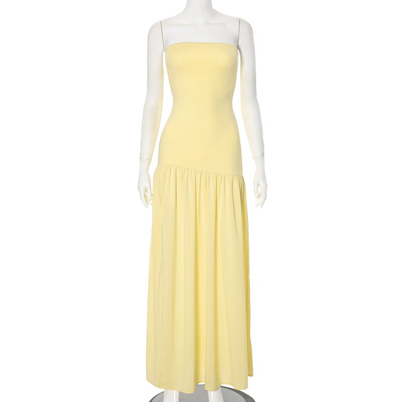 Retro Tube Top Sleeveless Dress For Women - Solid Color Slit Design, European & American Style​_voghion.com