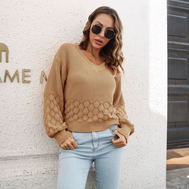 3D-Feder-Pullover für Damen, lockerer Herbst/Winter-Strickpullover mit Laternenärmeln_voghion.com