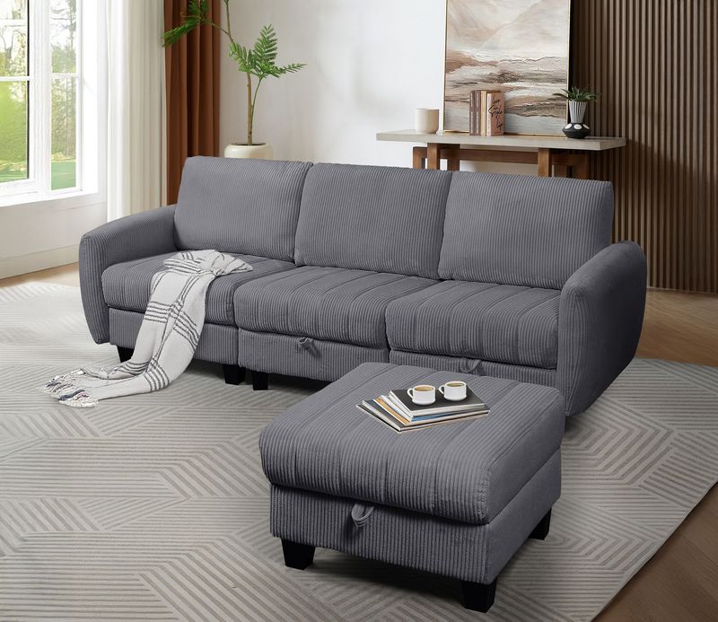 Grey Corduroy Fabric Sofa With OTTOMAN_voghion.com