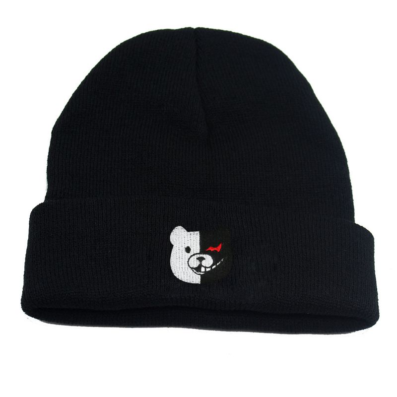 Gorro de punto con bordado de oso blanco y negro con proyectil de animación que se rompe para hombres y mujeres, gorro térmico versátil para otoño e invierno, gorro frío_voghion.com
