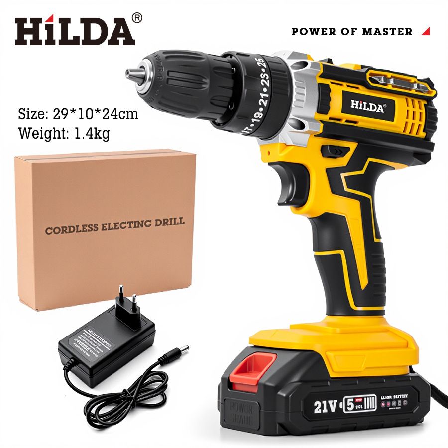 Hilda 21V Cordless Drill Driver With Lithium Battery, 1350 RPM, 25Nm Torque, 6 Variable Models (1/2 Batteries & Accessories Included)_voghion.com