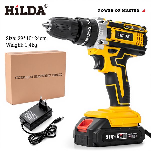 Hilda 21V Cordless Drill Driver With Lithium Battery, 1350 RPM, 25Nm Torque, 6 Variable Models (1/2 Batteries & Accessories Included)_voghion.com