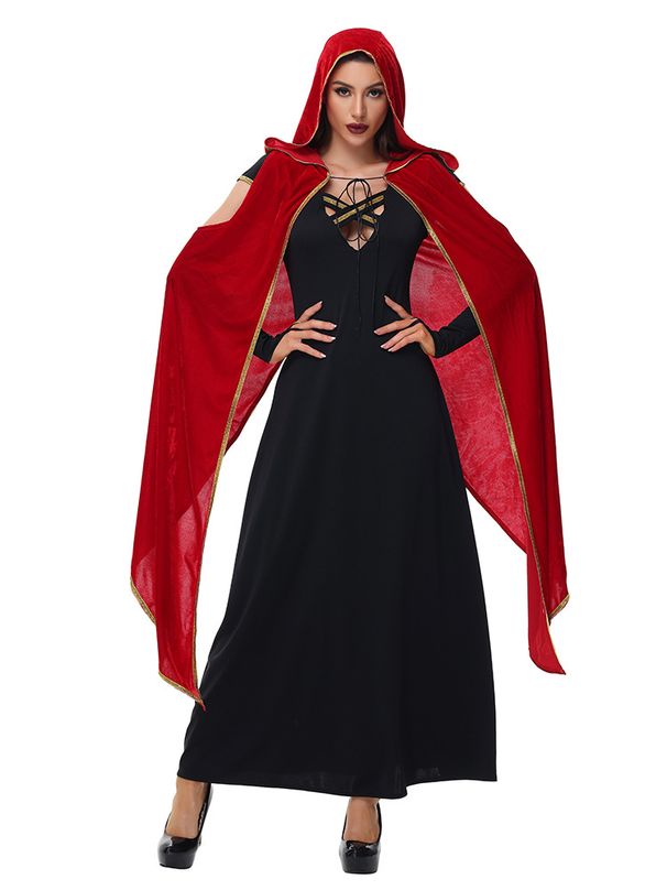 Ogrtač za odrasle, tamni gotički kostim za vješticu, vampir, crno-crveni_voghion.com