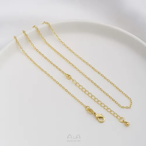 Farberhaltende Halskette aus JF14K-Stahl mit Echtgold-Finish, flache O-Abstandsperlenkette, Wassertropfen-Verlängerungskette, 45 cm, Schlüsselbein-Halskette_voghion.com