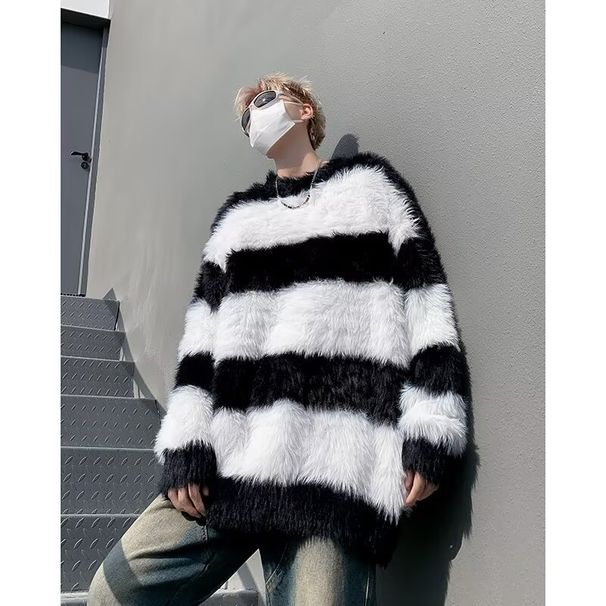 Mink fur sweater for autumn and winter, loose and thick, black and white contrasting stripes, medium to long knit sweater_voghion.com