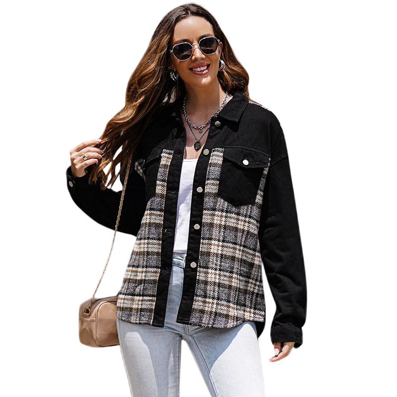 Women's Clothing Autumn and Winter Plaid Contrast Color Loose Single-breasted Denim Jacket Female Wholesale_voghion.com