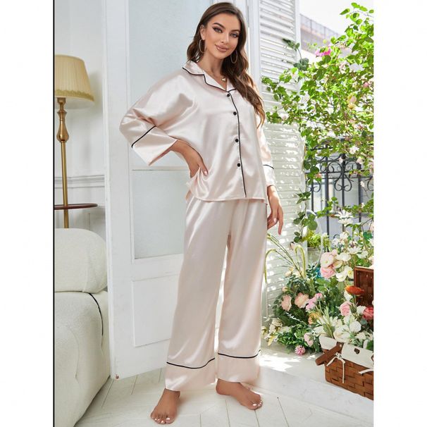Simulation Seidenpyjamas Damen Herbst und Winter Langarm-Pyjamahose Homewear-Set kann draußen getragen werden_voghion.com