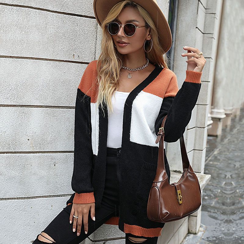 Cardigan maglione con tasche larghe e maniche lunghe color block_voghion.com