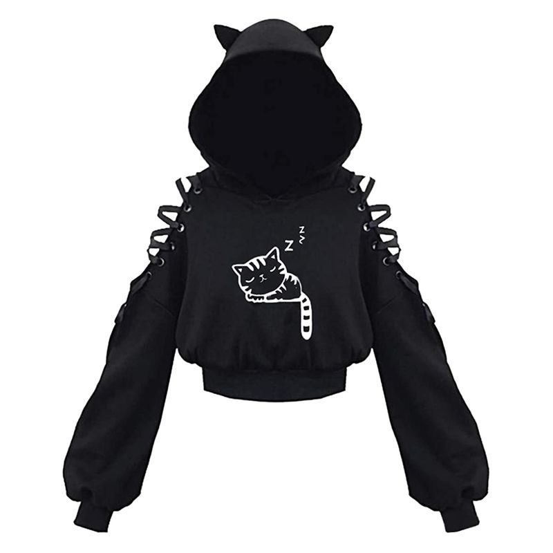 Dame Langærmede Hættetrøjer Kawaii Cat Ears Hættetrøje Gothic Punk Haruku Cold Shouler Bandage Gothic Black Sweatshirts 2021_voghion.com