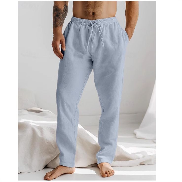 Herrenbekleidung Leinenhose Zum Überziehen Elastischer Bund Bequeme Atmungsaktive Strandmode Einfache Hose_voghion.com