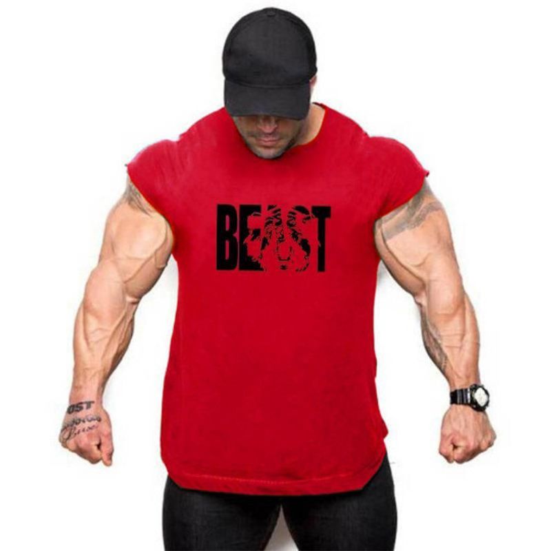 BEAST Beast Baumwoll-Fitness-Tanktop für Herren, Fitnessstudio, Sport, Training, dünner runder Saum, schmale Passform, ärmelloses T-Shirt_voghion.com