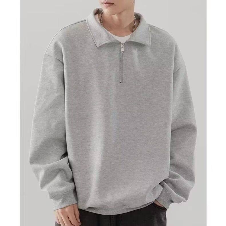 Simple solid color half zipper hoodie for men's spring and autumn new versatile loose casual lapel top_voghion.com