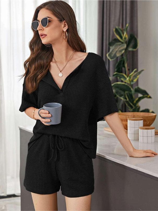 women's new short-sleeved waffle casual suit fashion shorts two-piece suit_voghion.com