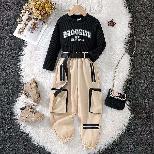 "Trendiges Trainingsanzug-Set mit Buchstabendruck für Mädchen – Langarmshirt und Cargohose für 3–8 Jahre (100–140 cm), bequemer Polyester"_voghion.com
