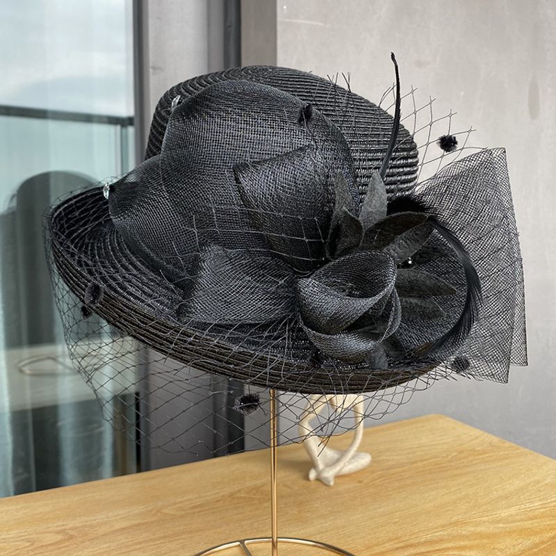 New Mesh Flower Fashion Hat Women's British Retro Crimped Top Hat Outdoor Versatile Sunshade Sunscreen Hat_voghion.com