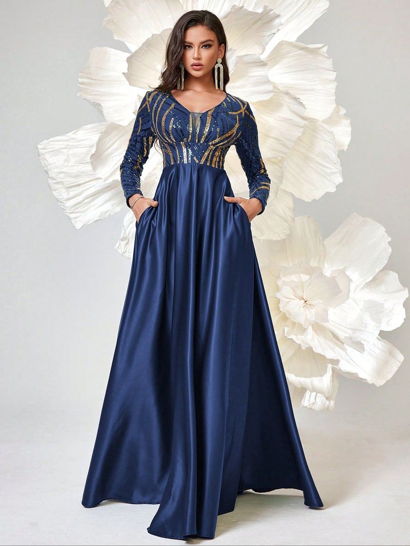 Elegantes Abendkleid mit Pailletten – Langärmliges Abendkleid für Bankette und Partys (S/M/L/XL, Smaragdgrün/Marineblau)_voghion.com