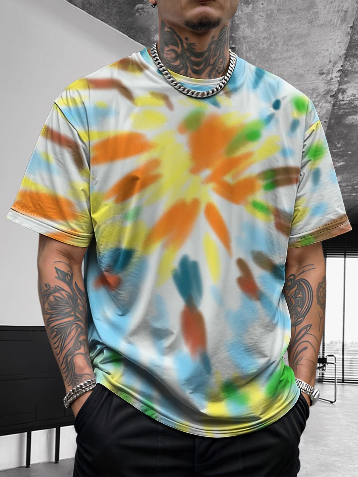 Camicia a maniche corte comoda e versatile da uomo, con stampa tie-dye, graffiti hip-hop e moda artistica estiva_voghion.com