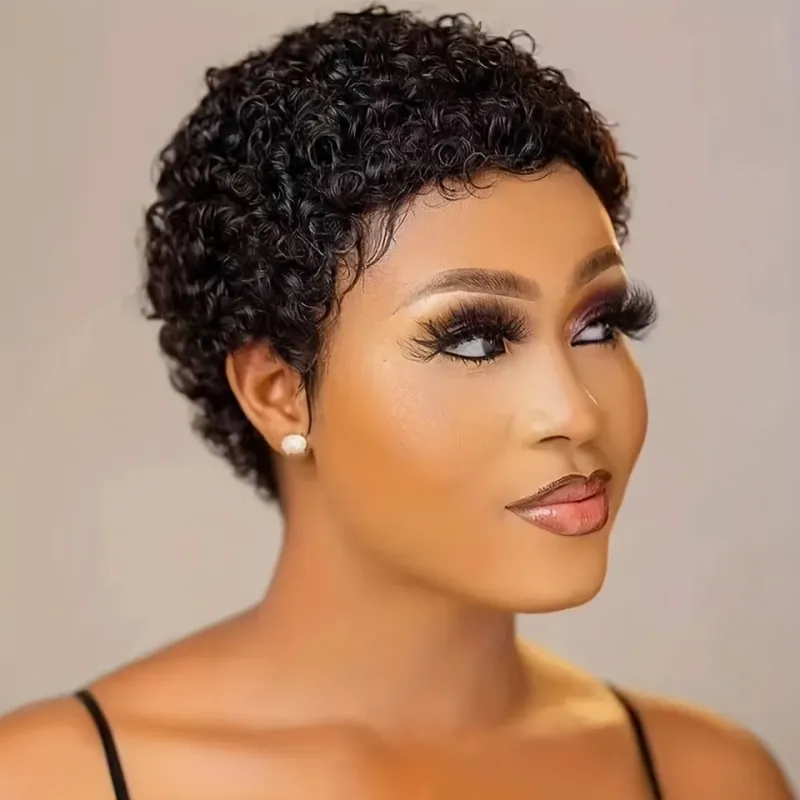 Kratka afro kodrasta lasulja iz človeških las za ženske, pixie cut, 150 % gostota, 4 palca_voghion.com