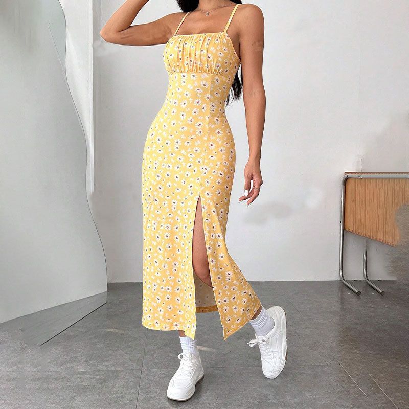 Damenbekleidung Hosenträger Wickel Brustschlitz Daisy Hip Wickelkleid Bedruckt Mittel_voghion.com