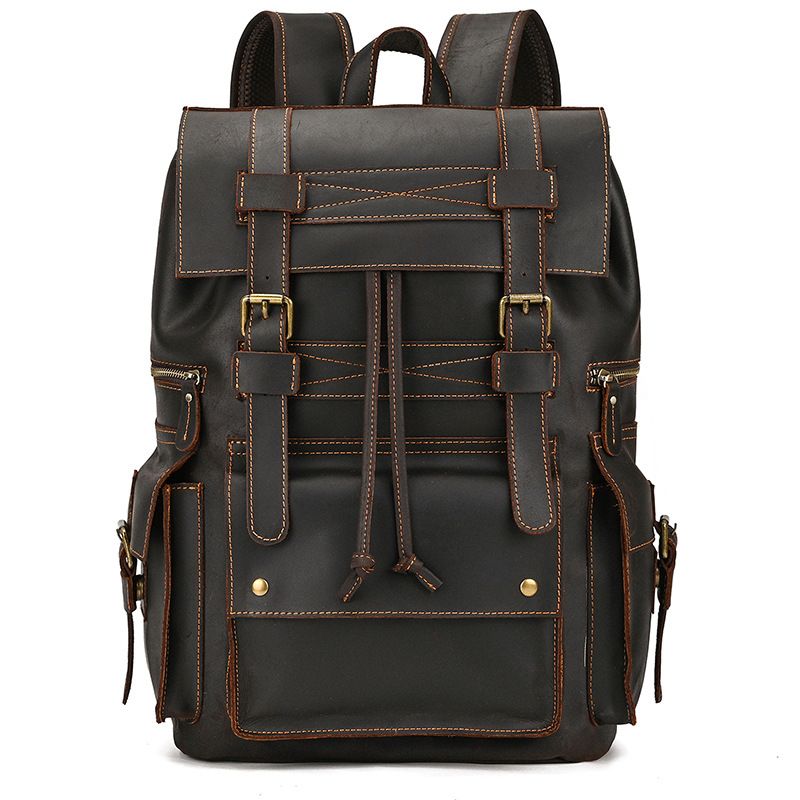 Men's Leather Large Capacity Backpack, Retro Crazy Horse Leather Backpack, Top Layer Leather, Cowhide Outdoor Travel Bag_voghion.com