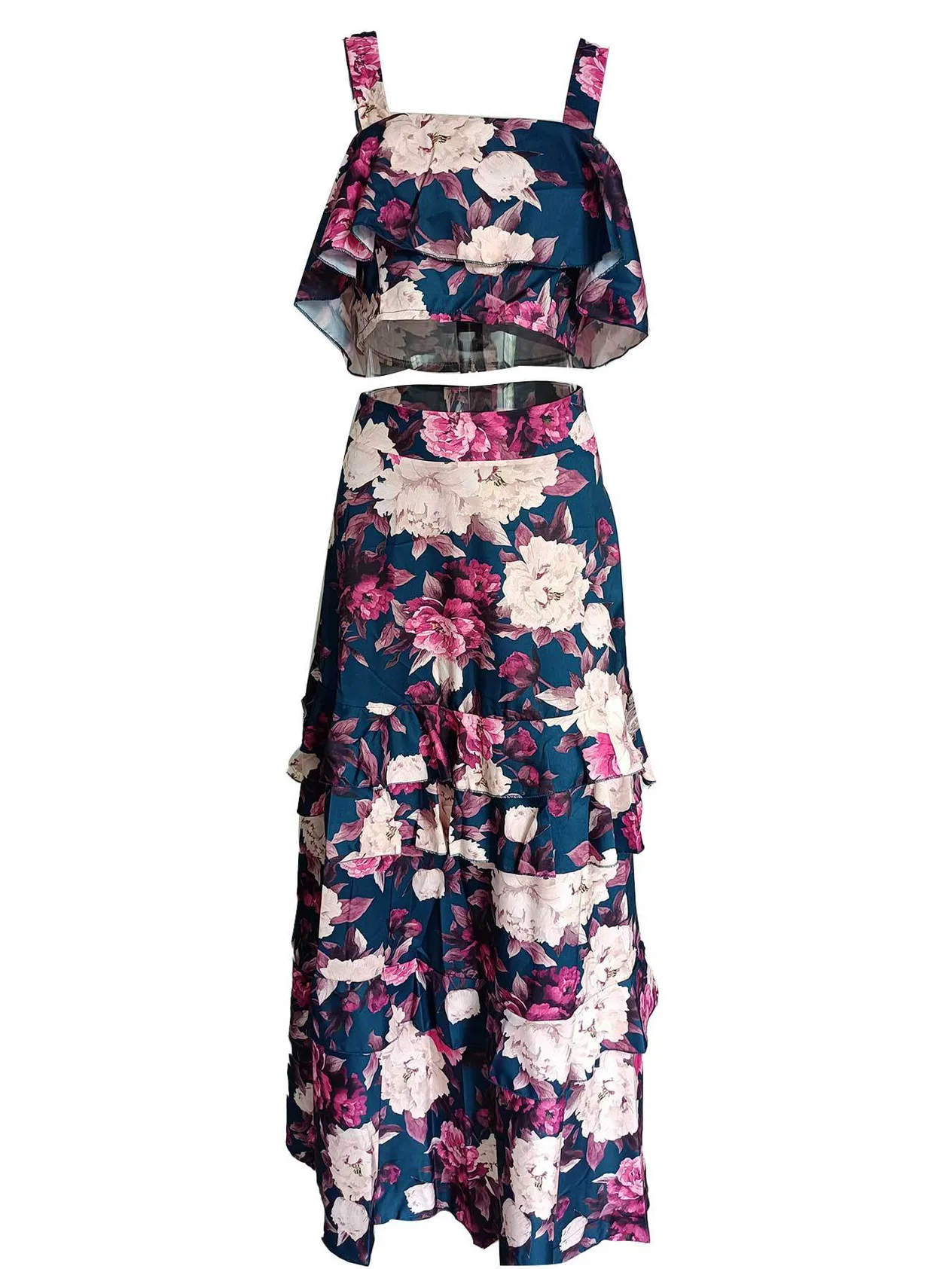 Damski dwuczęściowy top z szelkami i spódnicą z ciasta, długa spódnica. Garnitur damski_voghion.com