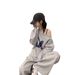 Felpa con cappuccio e maniche lunghe con spalle scoperte, stile americano, da donna, casual, autunno, a gamba larga, grigio, pezzo unico_voghion.com
