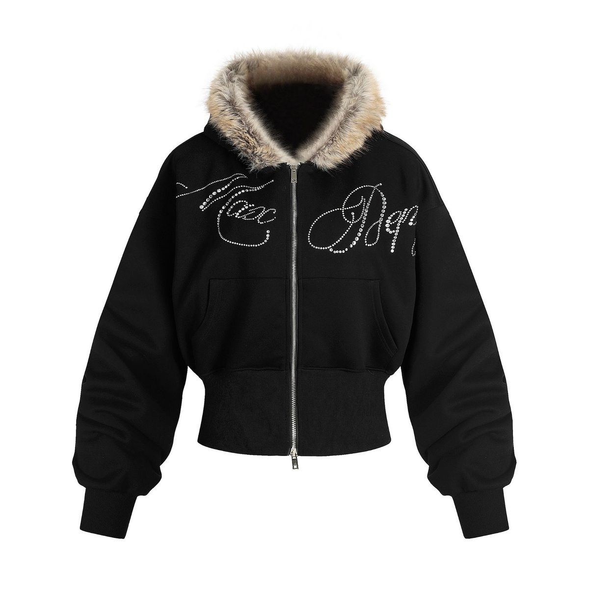 Moletom com capuz e zíper de inspiração vintage com gola de pele sintética e letras bordadas, corte curto de cintura alta, preto, M-GG, pulôver retrô de streetwear Y2K_voghion.com