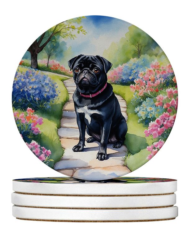 Black Pug Spring Path Large Sandstone Coasters Pack Of 4 Absorbent Round Coasters Decor Gifts For Men Or Women, 4 In, Multicolor_voghion.com