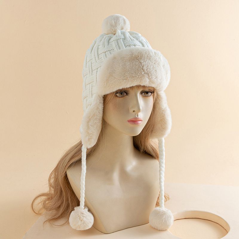 Autumn and winter plus fleece thickened ear protection hat tide brand hairball knitted Lei Feng hat outdoor travel pilot hat women's hat_voghion.com