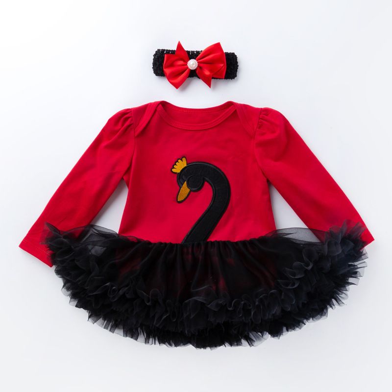 Babykleidung Baby Kinderkleidung Baby Langarm Neckholder Kleid Cartoon Schwan Mesh Prinzessin Rock_voghion.com