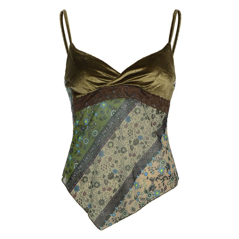 Canotta da donna con stampa floreale Countryside Forest, scollo a V, in pizzo patchwork irregolare_voghion.com