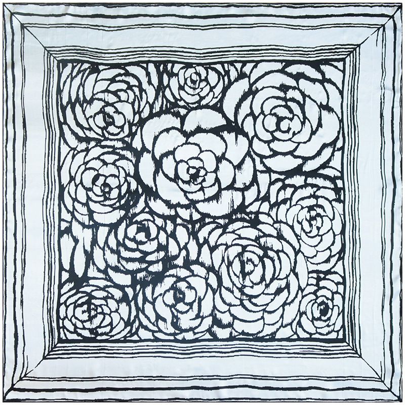 Sciarpa in seta di gelso quadrata grande, elegante, nera e bianca, in raso di crepe di camelia, primavera e autunno, 110 cm_voghion.com