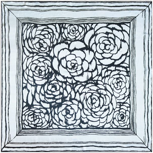 Sciarpa in seta di gelso quadrata grande, elegante, nera e bianca, in raso di crepe di camelia, primavera e autunno, 110 cm_voghion.com