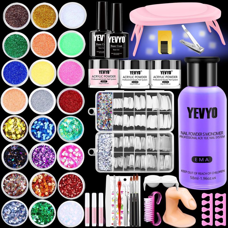Professional Acrylic Nail Kit, With Pink Nail UV LED Lamps, Acrylic Powders, Base Top Coat, Nail Tips, Rhinestones, Nail Decorations And Nail Art Tools_voghion.com