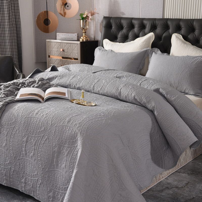 Washed Cotton Quilted Bedspread Set Ultrasonic Stitched Duvet Cover With 2 Pillowcases Breathable All-Weather Bedding For Home_voghion.com