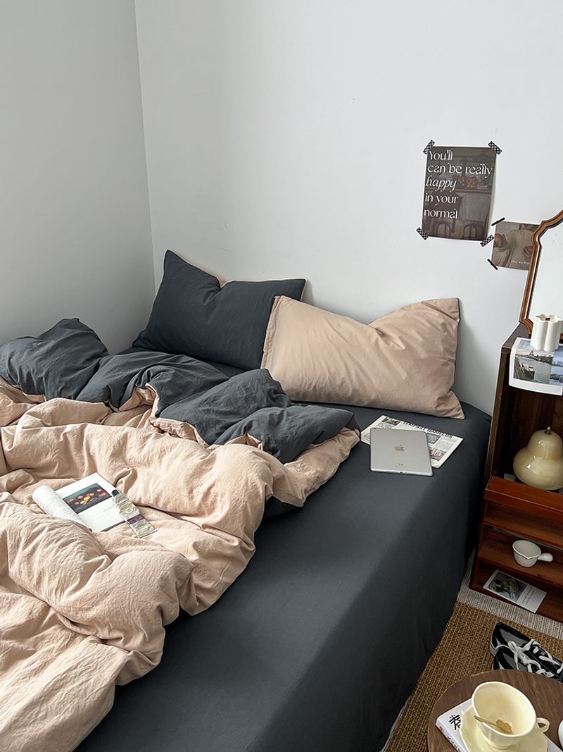 Parure de lit 4 pièces en pur coton, housse de couette, drap, jupe de lit, couleur unie, pour dortoir, ensemble de trois pièces pour lit simple 4_voghion.com