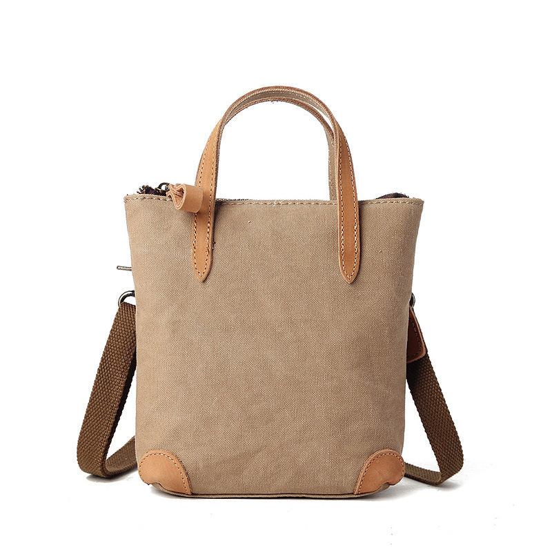 Leisure mini canvas women's mobile phone with leather zipper, single shoulder diagonal cross bag, artistic small square_voghion.com