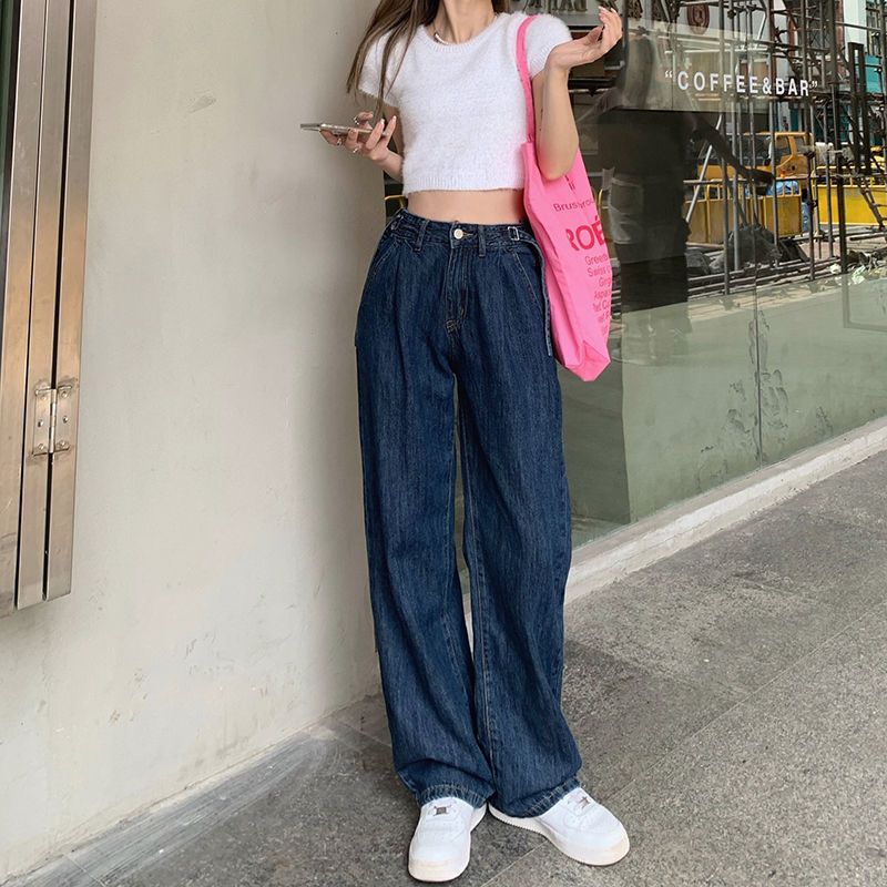 Autumn Short Tall Waist Cowboy Wide Leg Look Thin Loose Straight Tube Floor Dragging Dad Pants Women_voghion.com