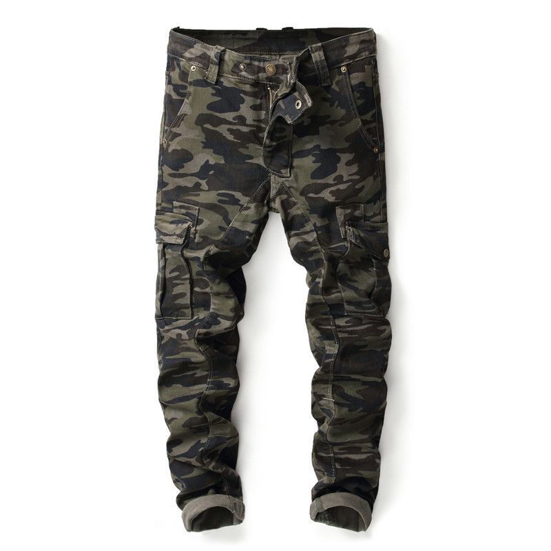 Herrenbekleidung Mode Micro Elastic Stitching Camouflage Multi Pocket Jeans Kleine gerade schlanke Stretch-Herrenhose_voghion.com