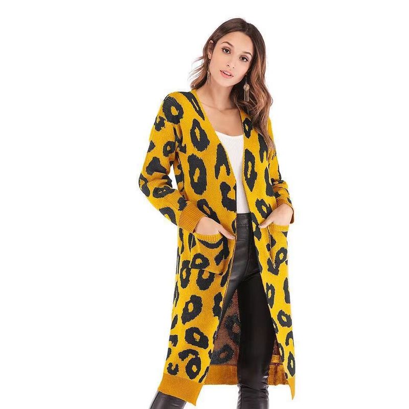 Maglione da donna con stampa leopardata, cardigan in maglia di media lunghezza sciolto_voghion.com