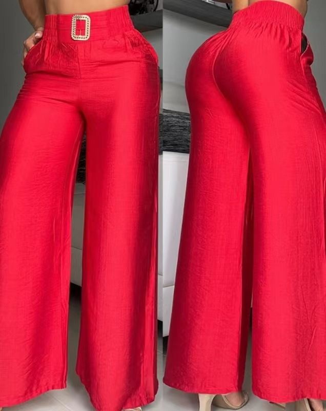 women's solid color wide-legged high-waisted loose slimming metal-decorated flared trousers_voghion.com