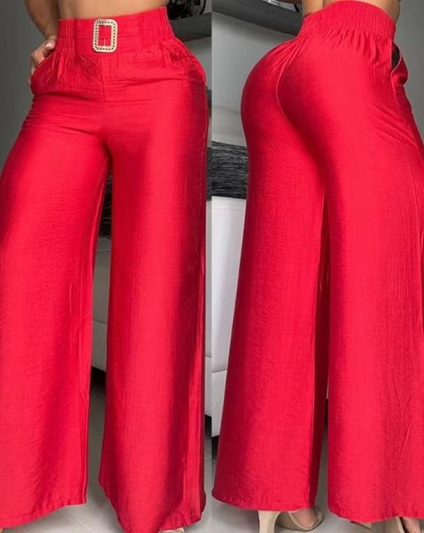 women's solid color wide-legged high-waisted loose slimming metal-decorated flared trousers_voghion.com