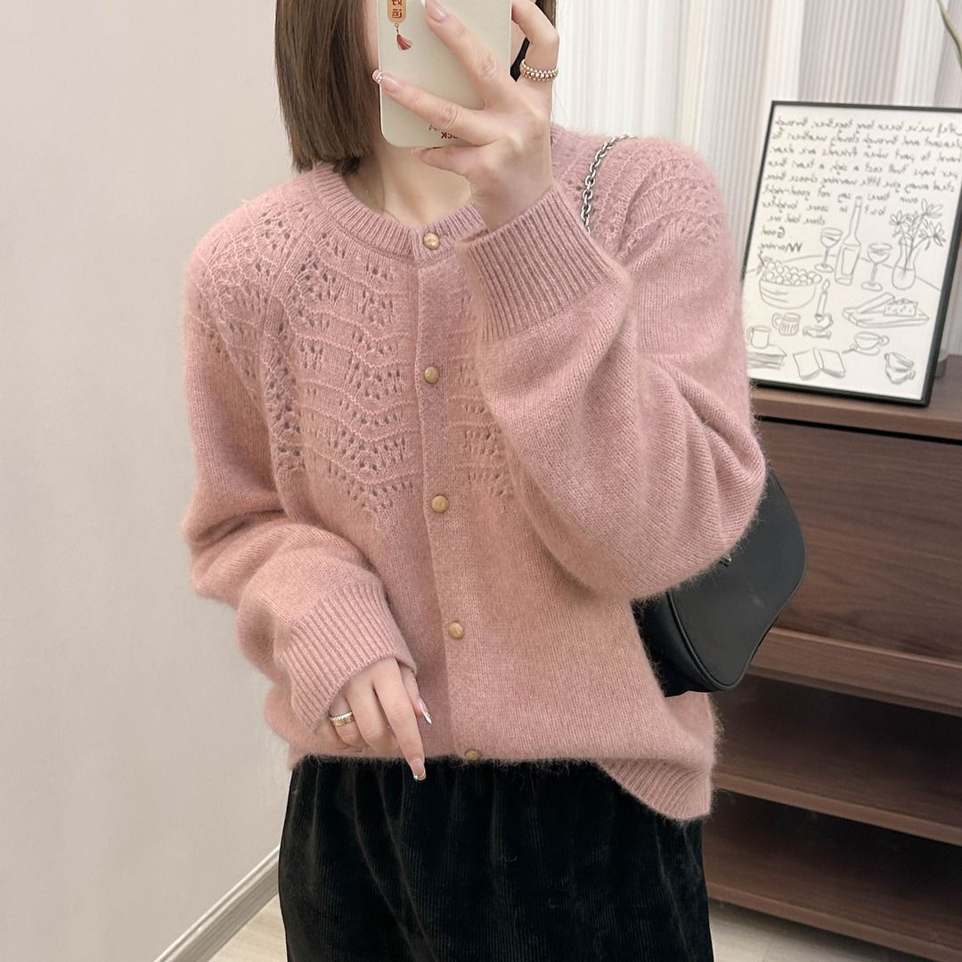 2024 neue Frühjahr und Herbst fächerförmige hohle einfarbige langärmelige Strickjacke Rundhals lose koreanischen Stil_voghion.com