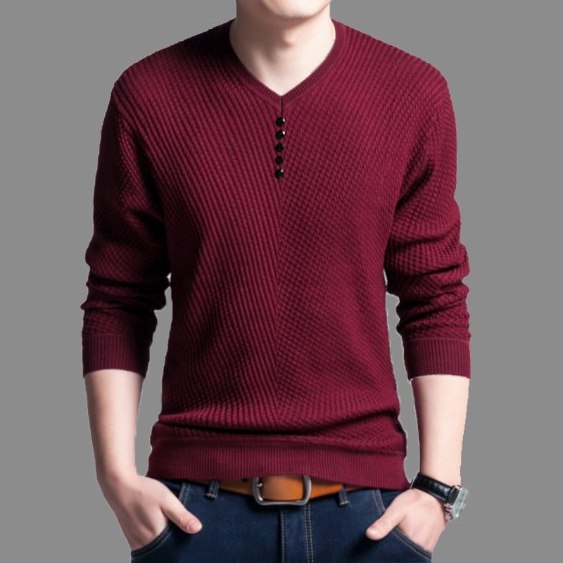 Herrenpullover mit Fleecefutter und V-Ausschnitt – Slim Fit-Strickpullover mit geripptem Saum_voghion.com